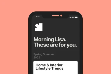A smartphone mockup displaying a dark mode interface with white typography against a solid peach background.