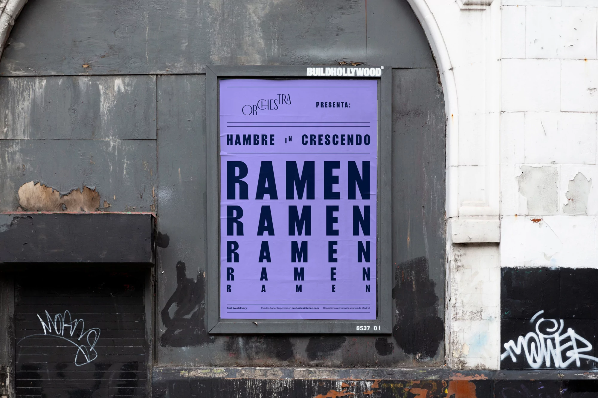 Poster for 'Ramen' on a weathered wall in an urban setting with 'BUILDHOLLYWOOD' branding, featuring repeating text in purple tones.