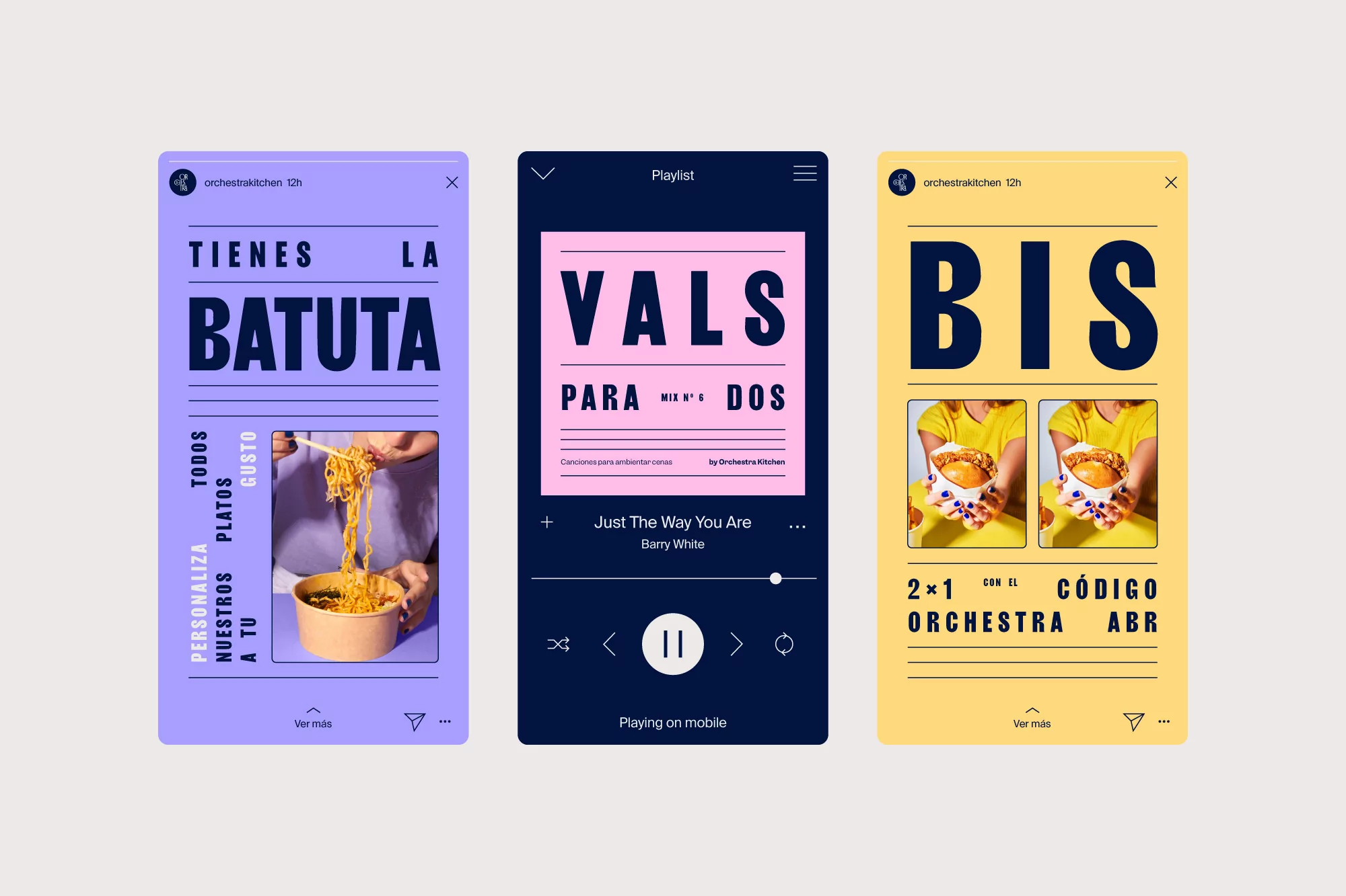Three digital smartphone screen mockups display social media content: food, music, and special offers, set against a white backdrop.