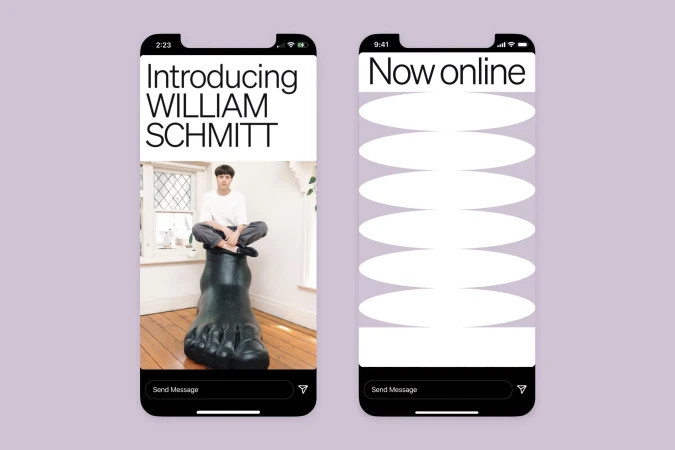 Instagram ad featuring person atop giant foot sculpture. Text: 'Introducing WILLIAM SCHMITT.' Right screen: abstract graphic 'Now online'.