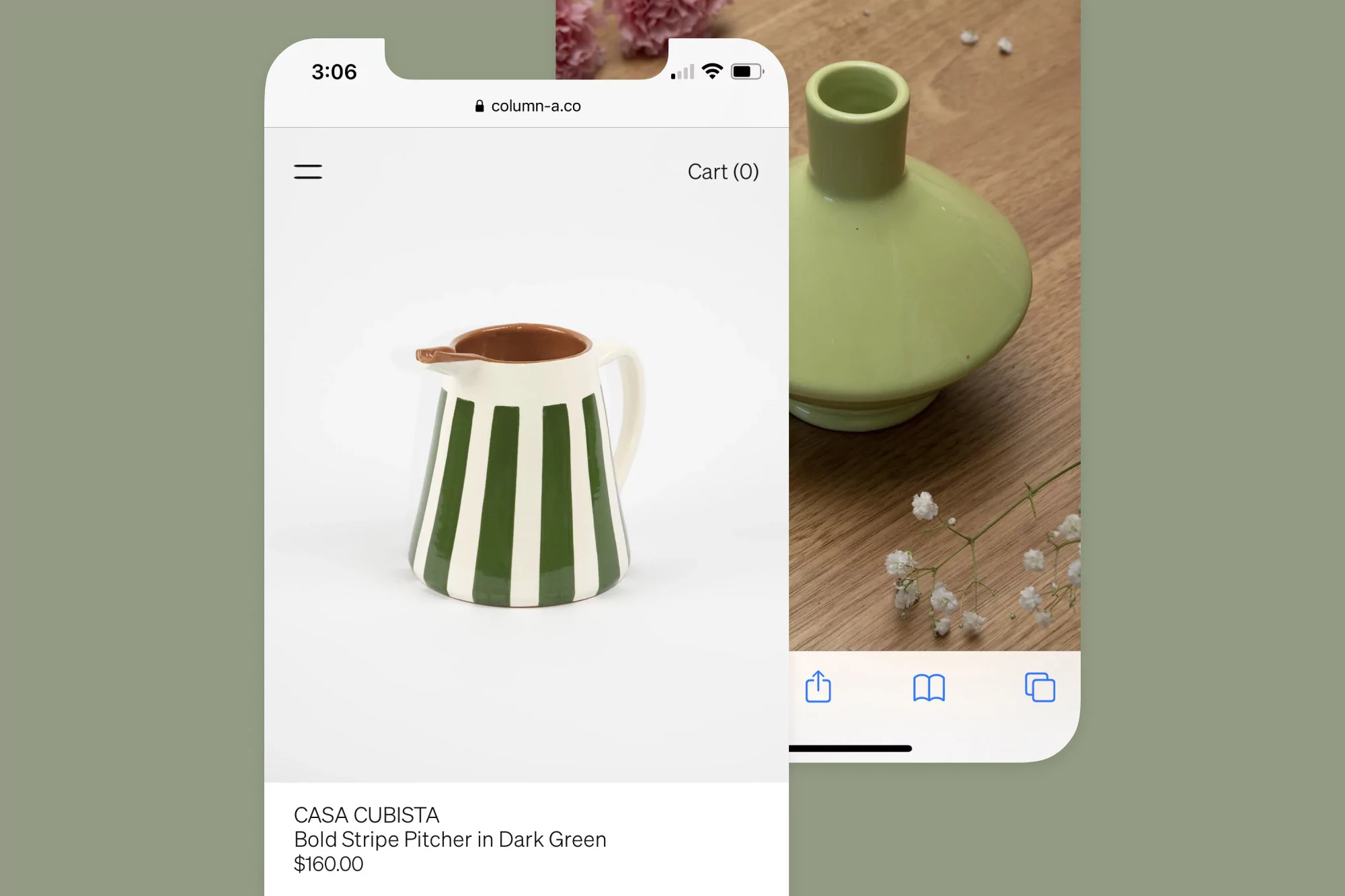 Screenshot of an e-commerce website on a smartphone, displaying product listings of a striped pitcher and green vase.