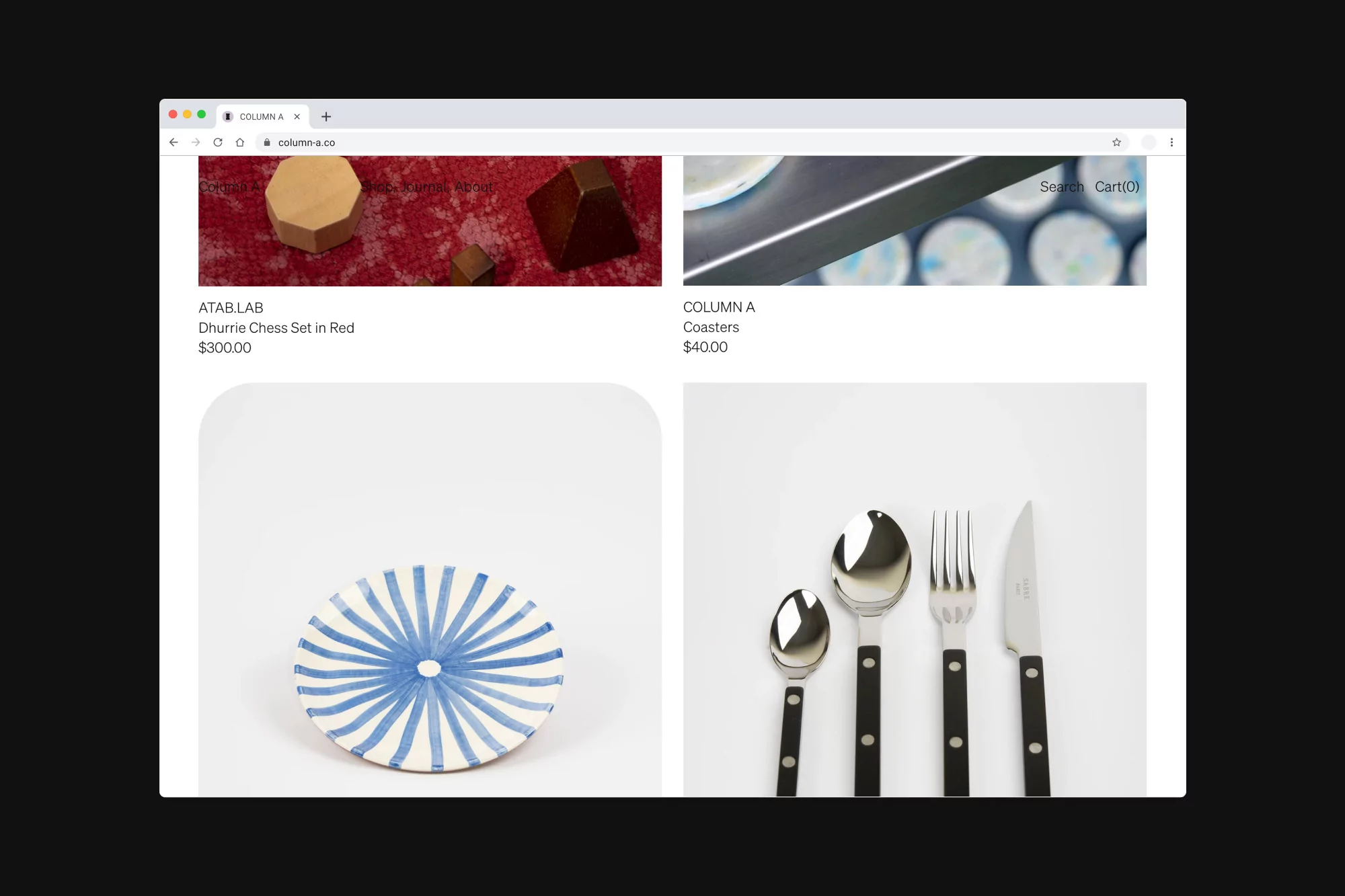 Online product display features chess set, coasters, and flatware, showcasing items from ATABLAB and COLUMN A against a clean background.