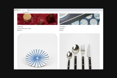 Browser window displaying an ecommerce webpage layout with product grid showing ceramics and cutlery items.