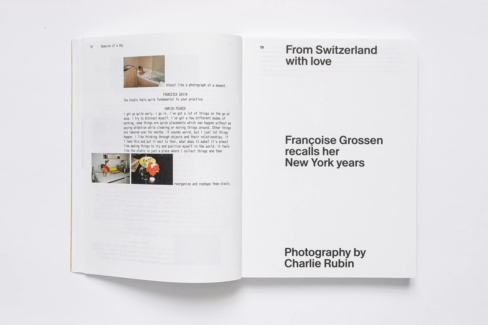 Open book spread showcasing photographs and text, featuring an interview with Françoise Grossen and photography by Charlie Rubin.