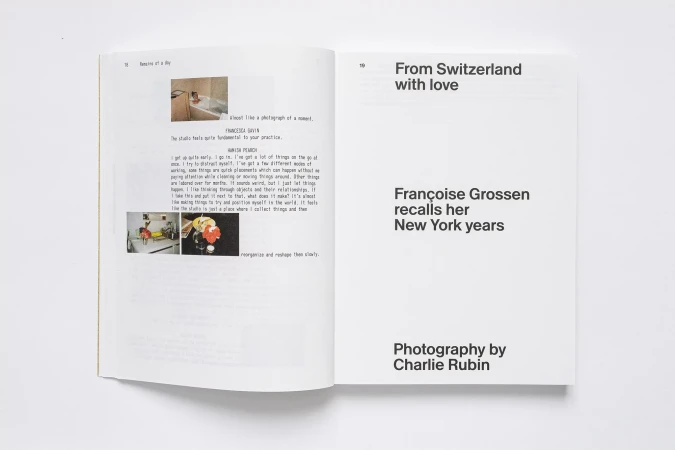 Open book spread showcasing photographs and text, featuring an interview with Françoise Grossen and photography by Charlie Rubin.