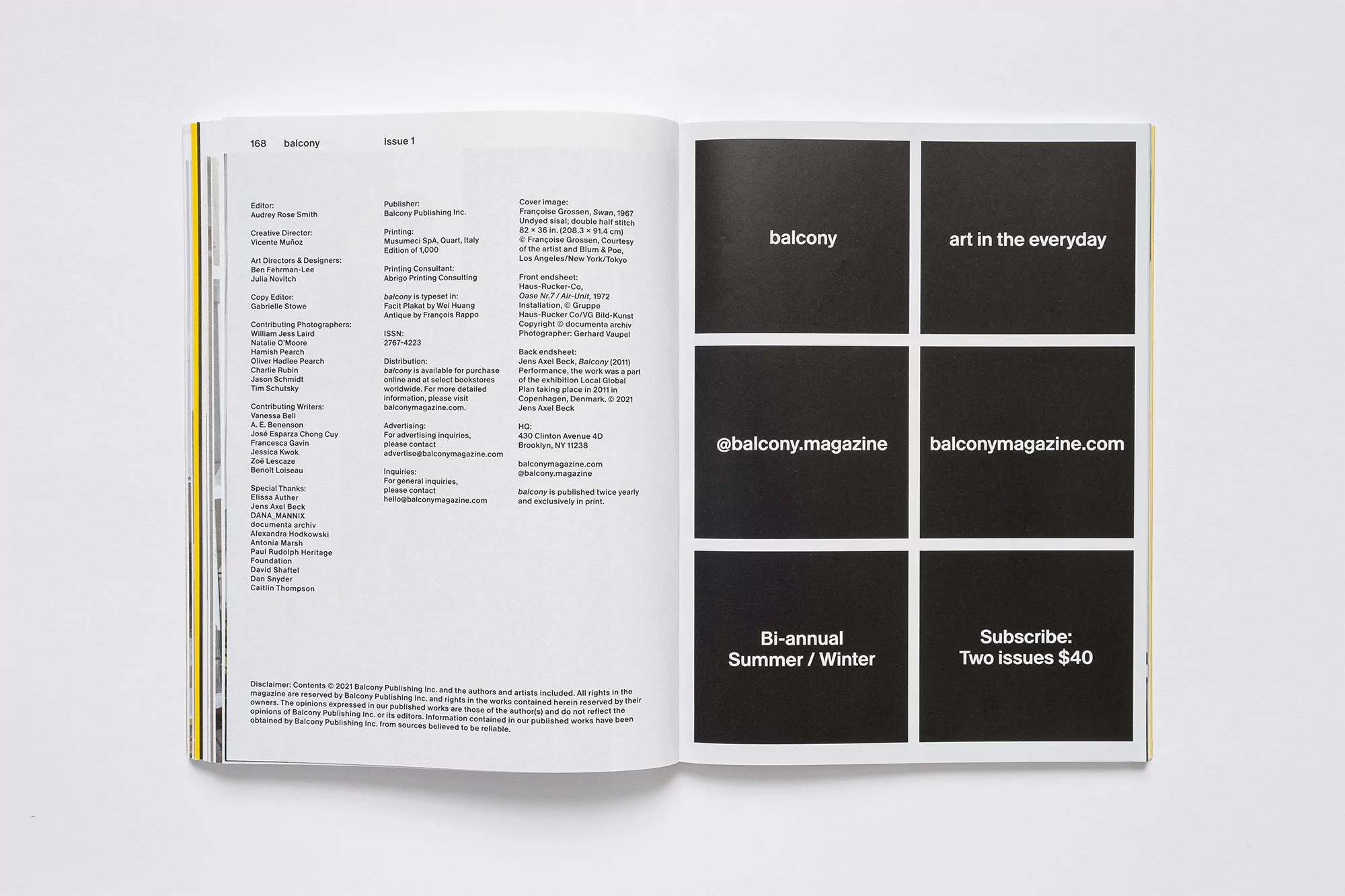 Opened pages of Balcony magazine featuring a black and white design, with text blocks and magazine information on a white background.