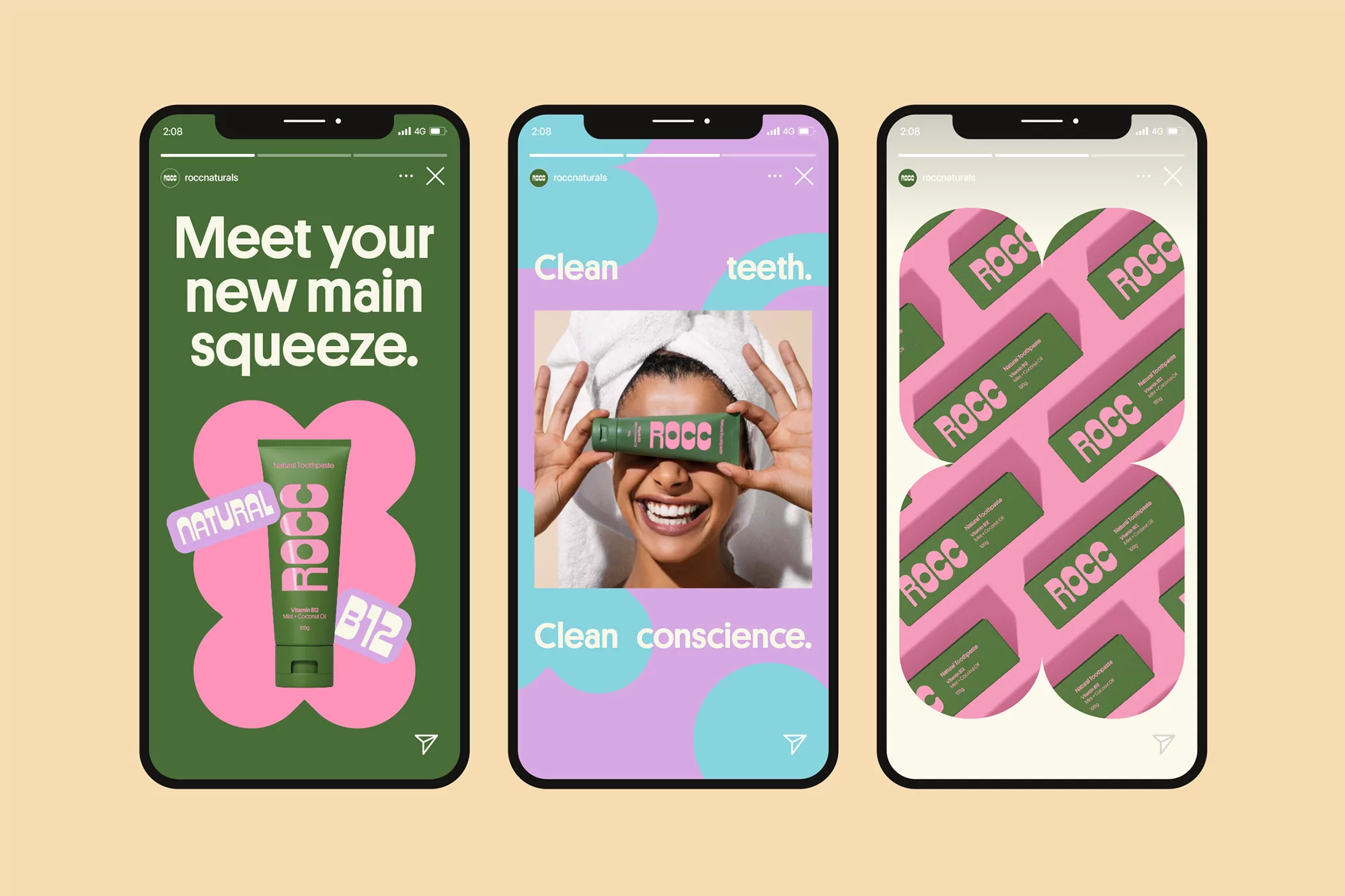 Digital ad for ROCC Naturals featuring close-up of a woman smiling behind a toothpaste tube and a patterned product display.