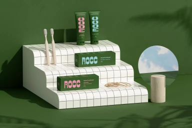 ROCC toothpaste tubes and boxes displayed on a tiered white tiled pedestal against a green background