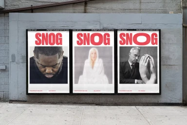 Three vertical SNOG brand posters mounted on a weathered grey concrete wall above a street pavement.