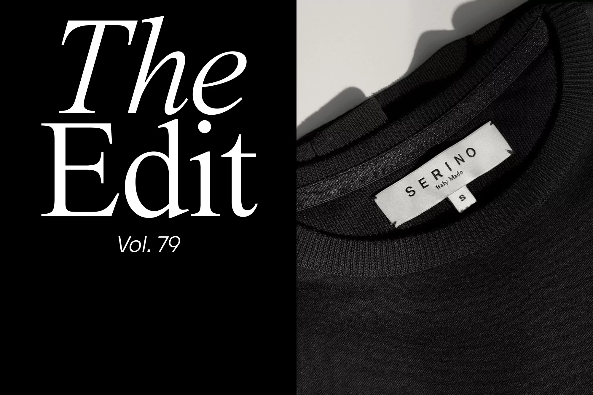 Studio product shot featuring a black Serino brand t-shirt with 'The Edit Vol. 79' text graphic against a half-black and half-white backdrop.
