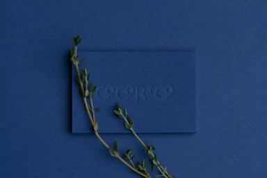 Blue business card with debossed text resting on a dark blue surface alongside fresh sprigs of green herbs.