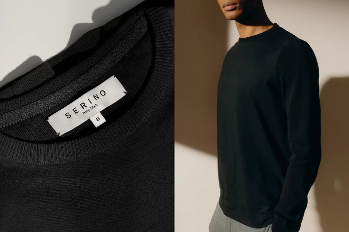 Close-up of a black long-sleeve t-shirt with a Serino brand label and a man wearing the same black shirt against a plain wall.
