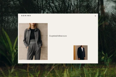 Digital interface display of Serino brand identity featuring minimalist website layout with fashion photography