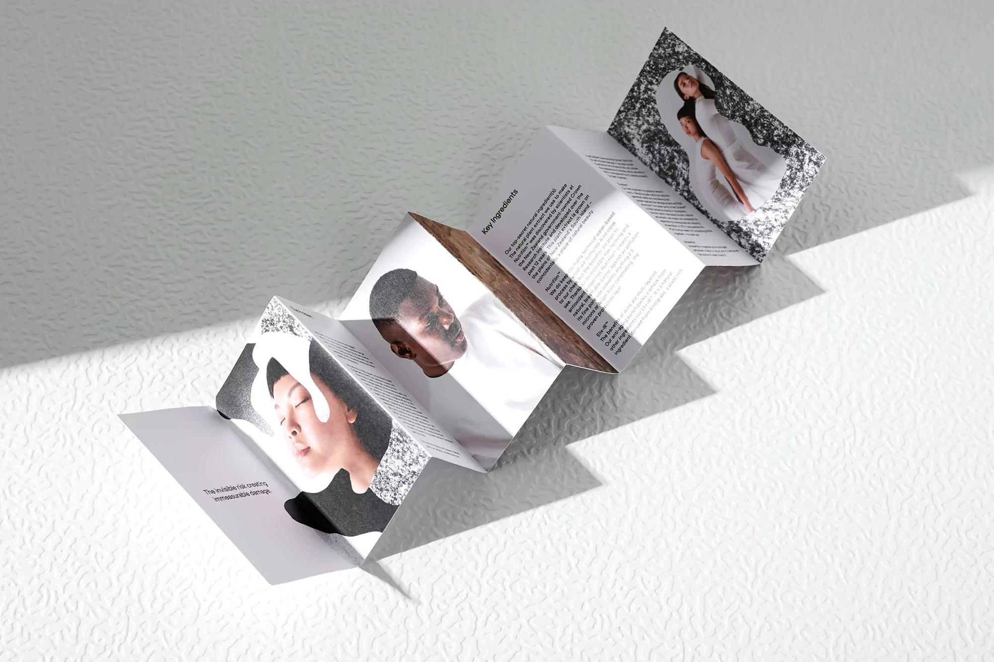 Unfolded product brochure features diverse faces and minimal text, casting shadows on a bright white surface, minimalist design.