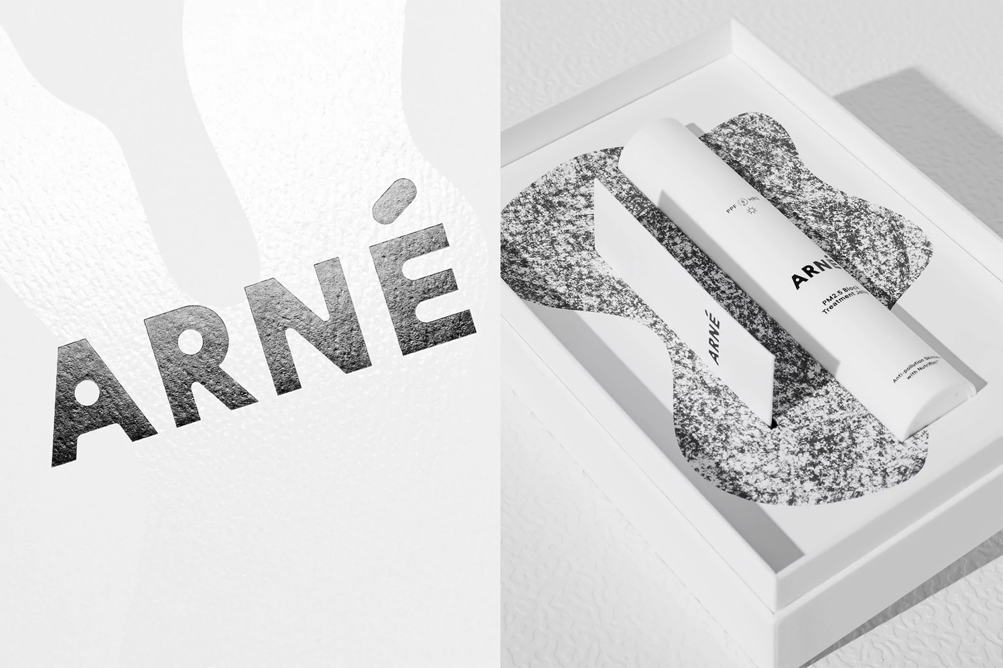 Monochromatic product shot of two cosmetic tubes and their packaging in white frame, featuring the 'Arne' brand logo and textured pattern.