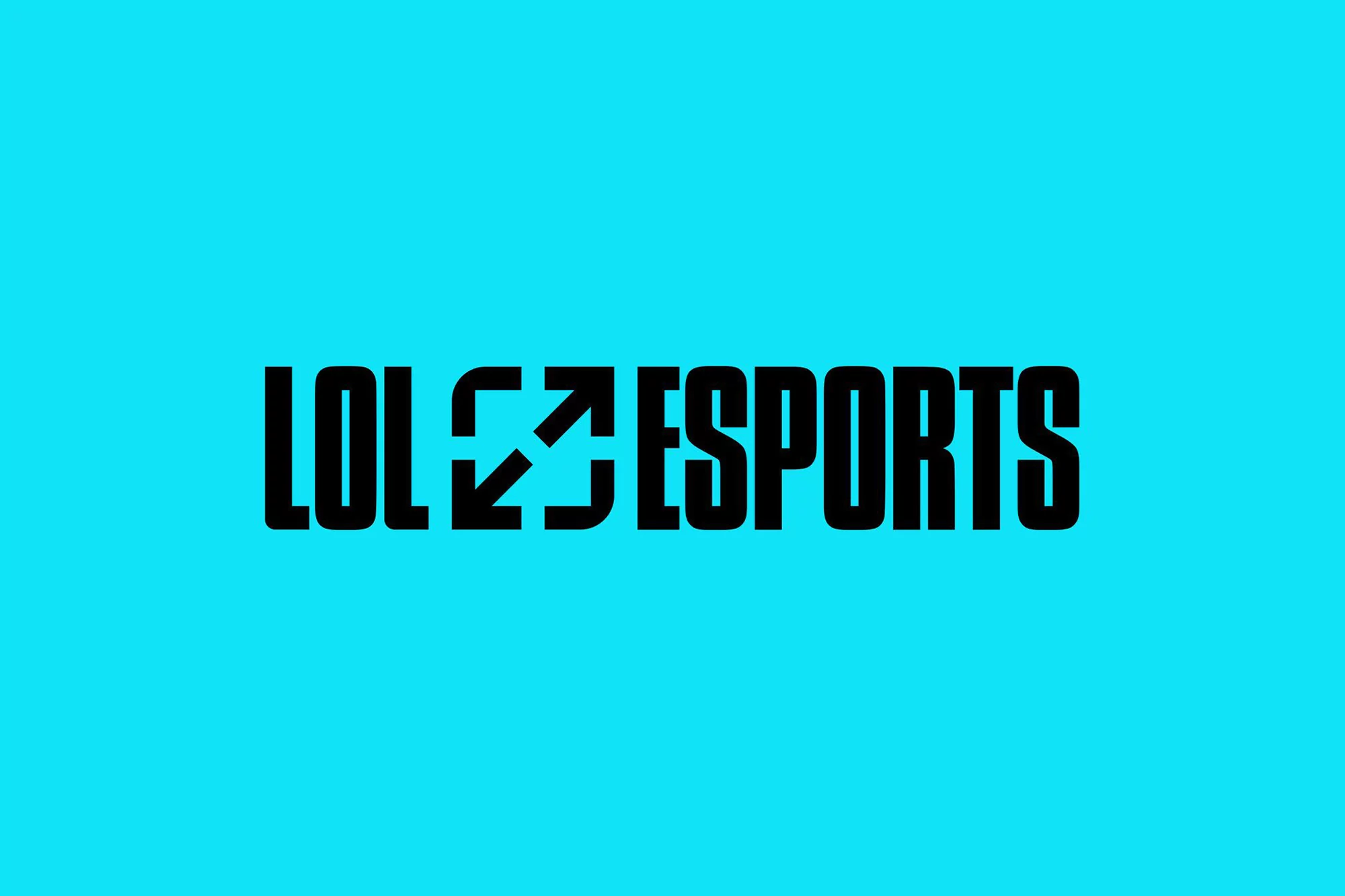 LOL Esports logo against a light blue background. The logo is black text with stylized characters and arrows.