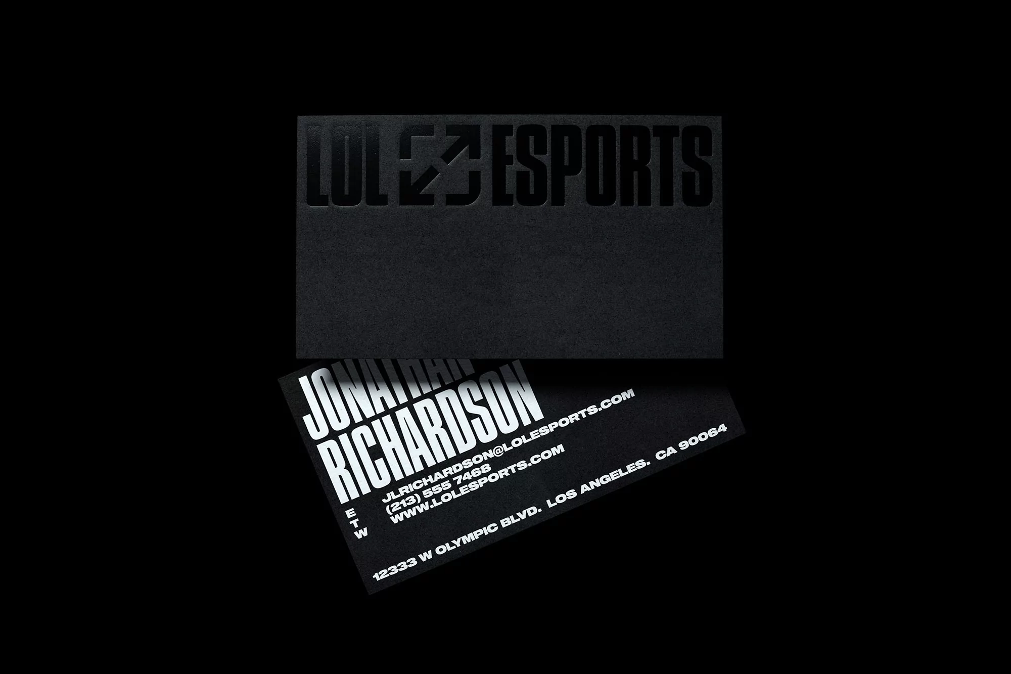 Two black business cards featuring white text for LOLEZESPORTS and Jonathan Richardson, set against a dark black background.
