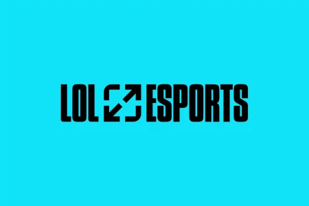 Bold black logo reading LOL ESPORTS with a central graphic symbol set against a solid bright cyan blue background