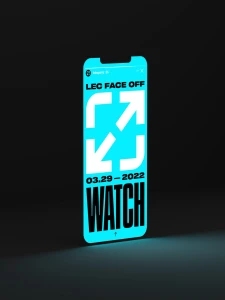 A smartphone display mockup featuring bold white typography and graphic arrows on a bright cyan screen against a dark background.