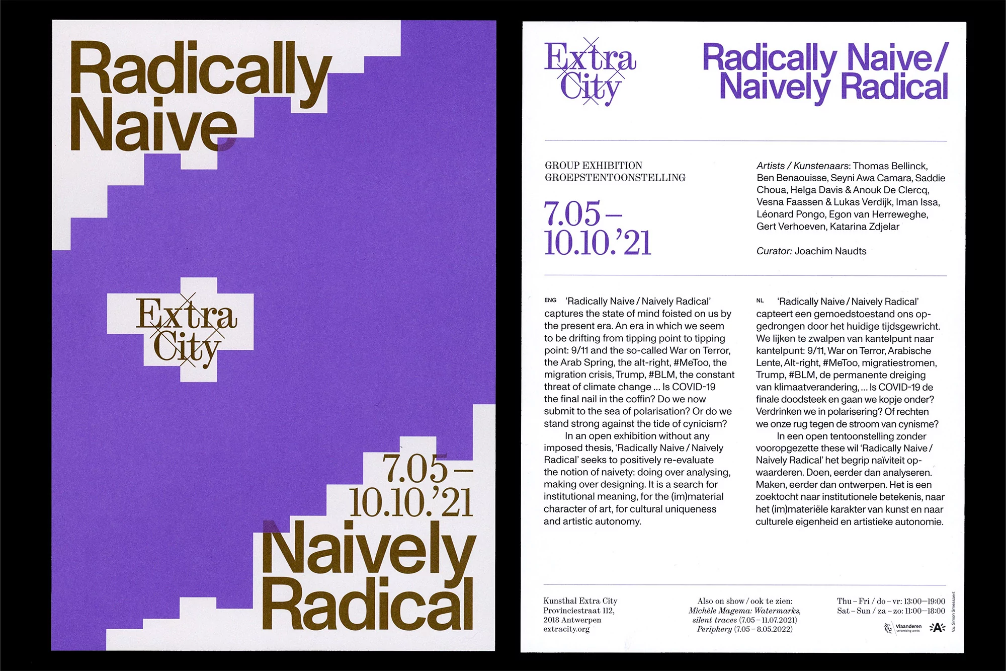 Exhibition poster for 'Radically Naive/Naively Radical' with text and geometric designs in brown, purple, and white.