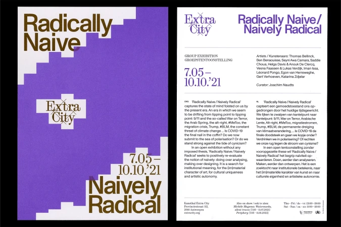 Exhibition poster for 'Radically Naive/Naively Radical' with text and geometric designs in brown, purple, and white.