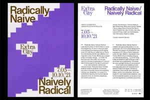 Exhibition poster for Kunsthal Extra City featuring purple and white graphics with bold typography and text.
