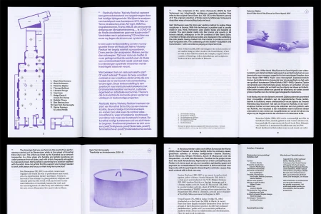 Open publication pages with purple architectural floor plan, typography, and exhibition photography for Kunsthal Extra City