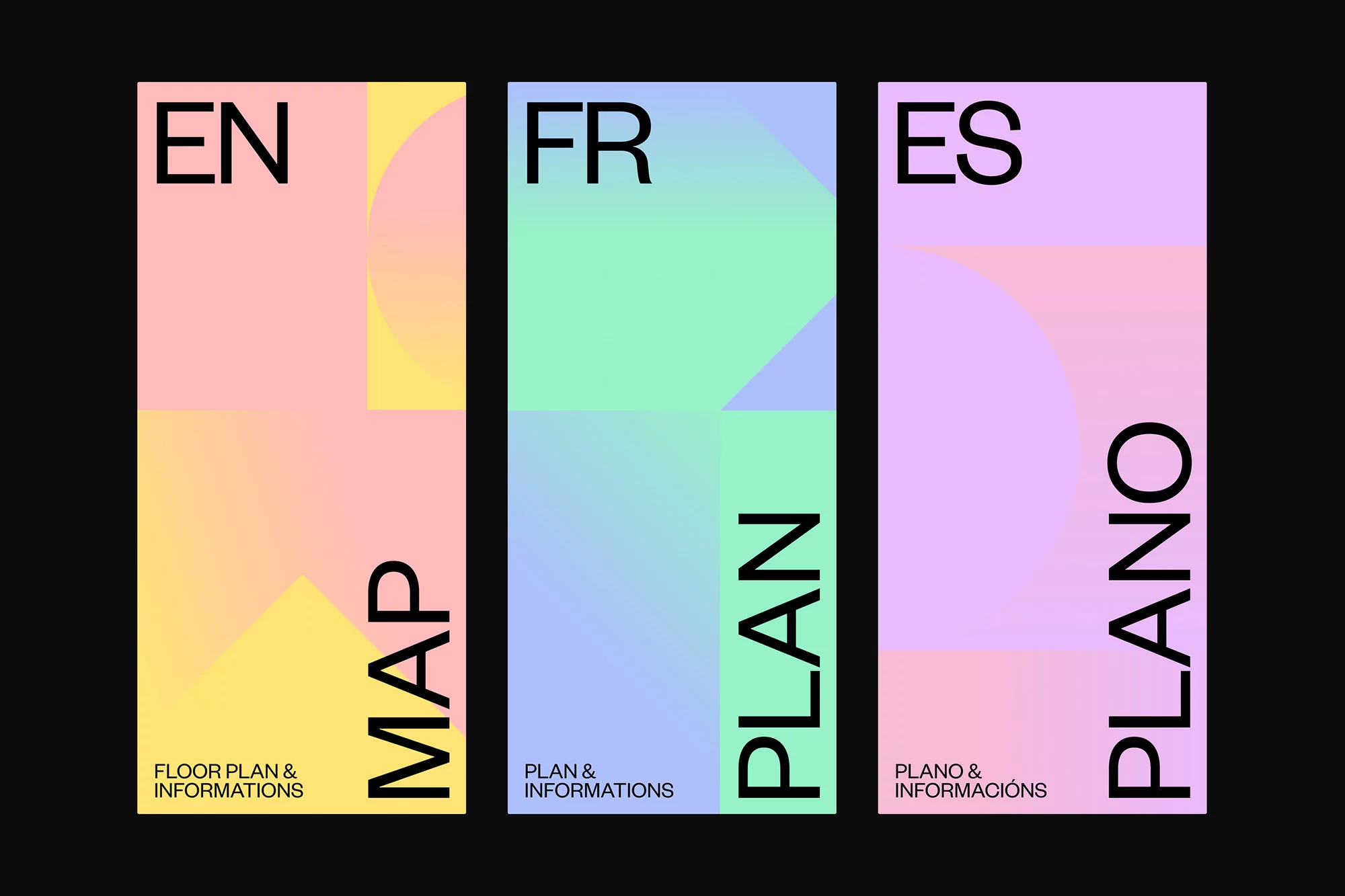 Graphic design featuring three panels with geometric shapes and text in English, French, and Spanish, set against a black background.