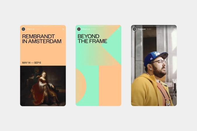Digital displays showcase an art exhibition, featuring Rembrandt's work in Amsterdam and modern abstract art, alongside a man in a cap.