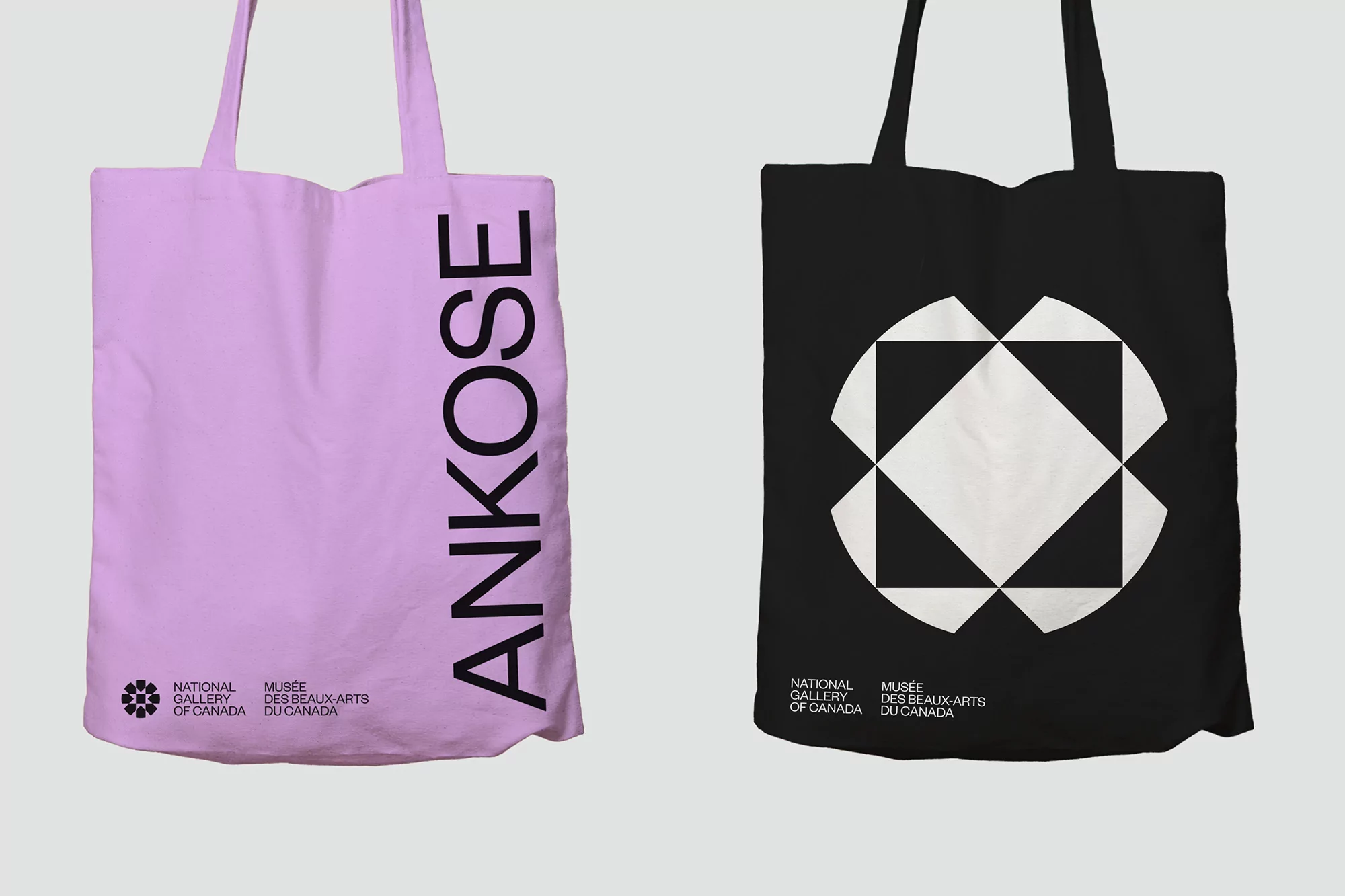Two tote bags in pink and black featuring graphic designs. One is solid pink with the word "ANKOSE." The other is black with a geometric pattern.