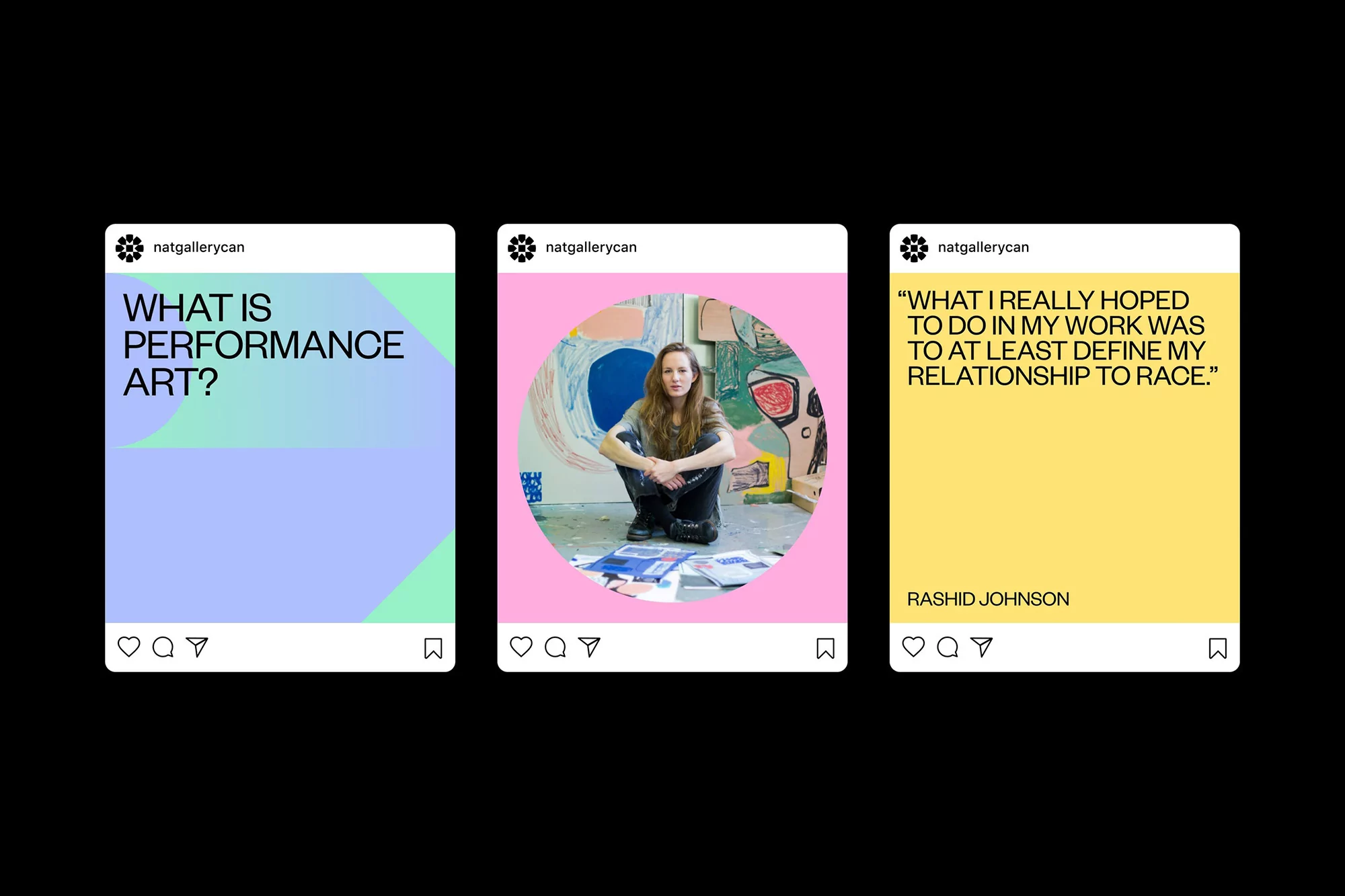 Three Instagram posts on black background show a woman artist in her studio. Topics include performance art and defining the artist's relationship to race.