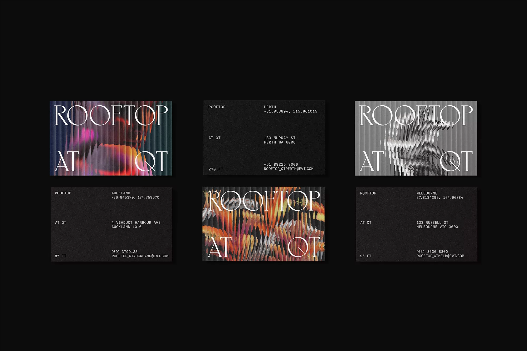 Graphic design business cards by Rooftop at QT featuring abstract colorful visuals and stylish typography on a dark background.