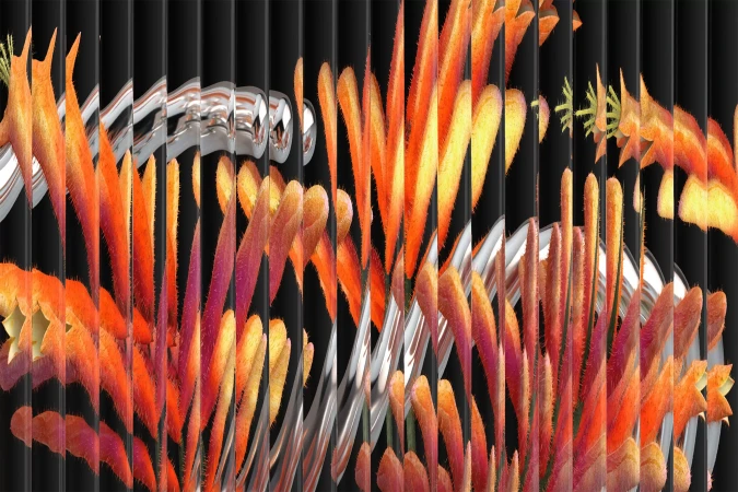 Abstract vertical stripes art with orange and silver tones, creating a visually dynamic and modern composition on a dark background.