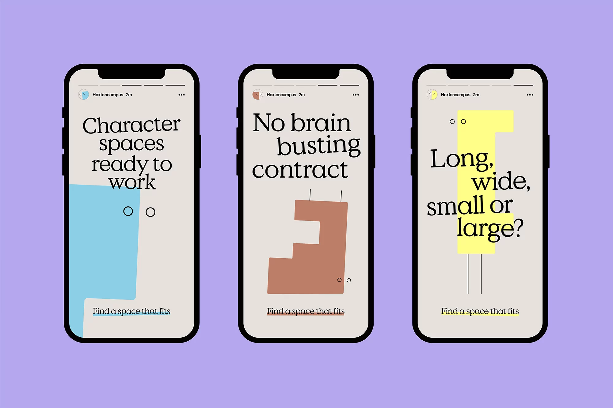 Three smartphone screens display various designs and text, each with distinct color blocks and minimalist layouts, set against a lavender background.
