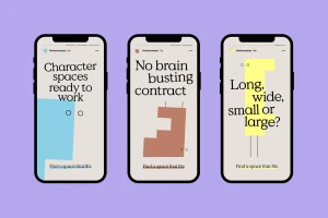 Three mobile phone mockups displaying graphic design brand identity with typography and abstract shapes against a light purple backdrop.