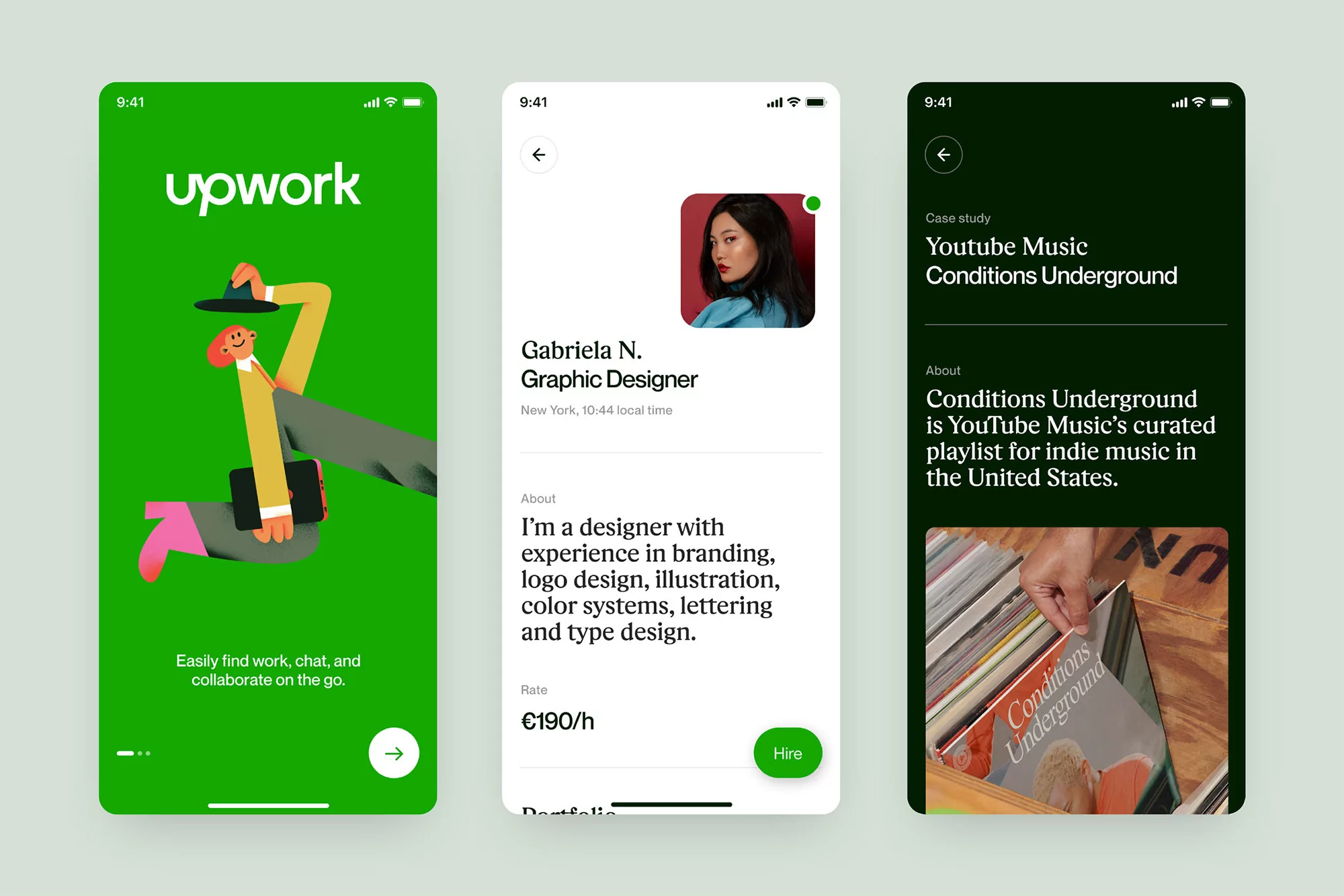Upwork app interface showcasing graphic designer Gabriela N., YouTube Music playlist 'Conditions Underground,' promoting freelance work.