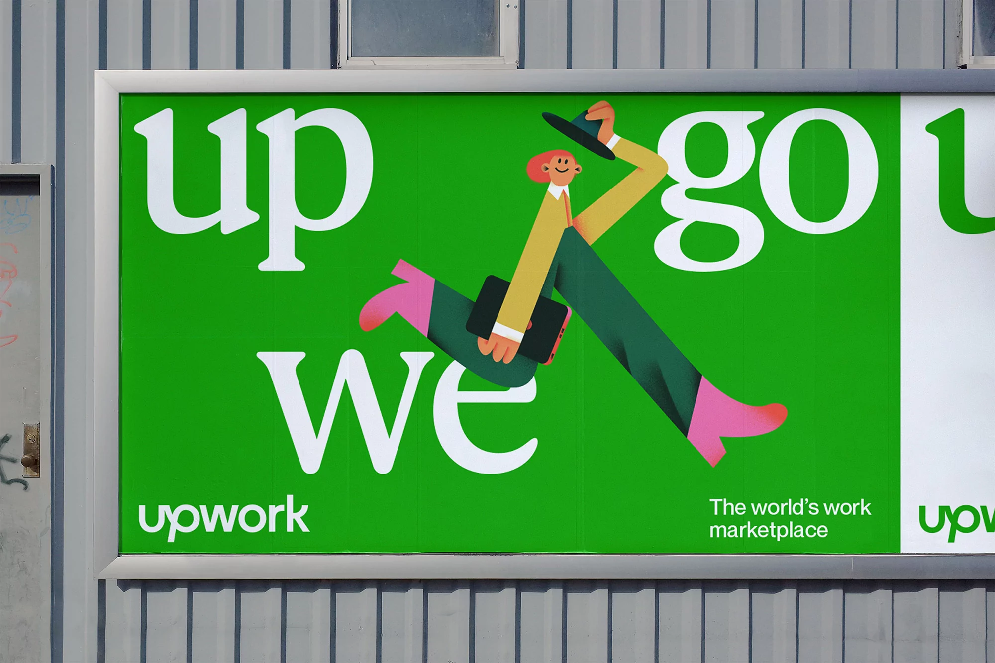 Upwork advertisement with an illustrated character in mid-stride against a bright green backdrop alongside the words 'Up', 'Go', and 'We'.