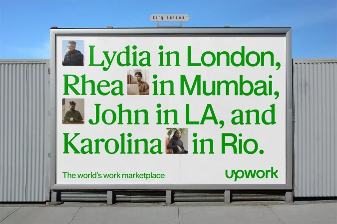 Outdoor billboard featuring images of individuals named Lydia, Rhea, John, and Karolina with Upwork logo against a blue sky.