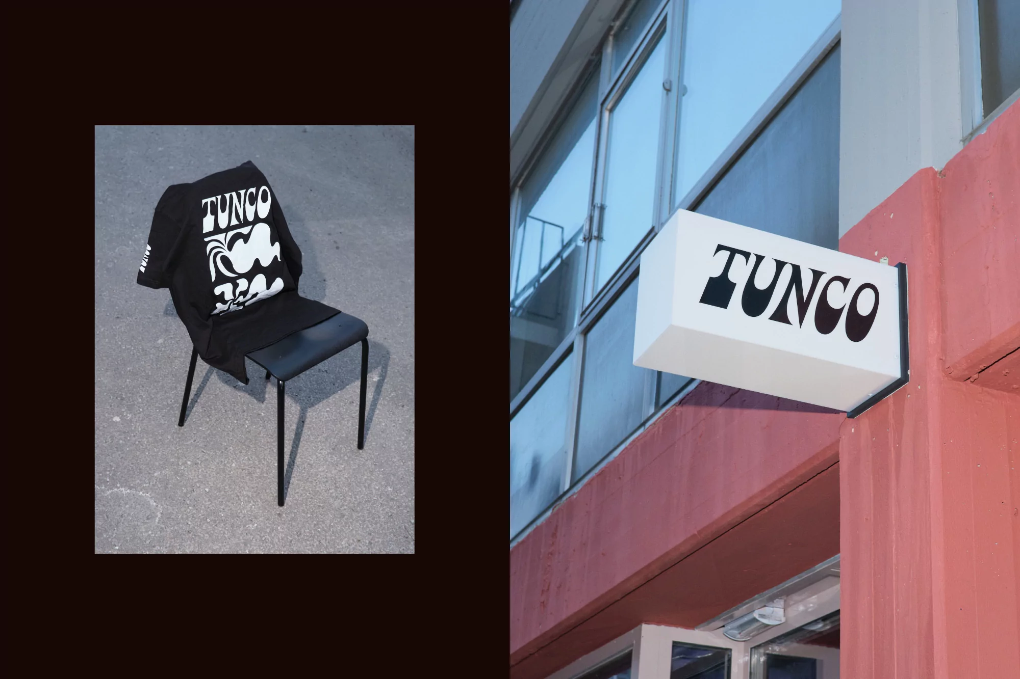 Black t shirt with white typography draped over a dark metal chair next to a Tunco store sign