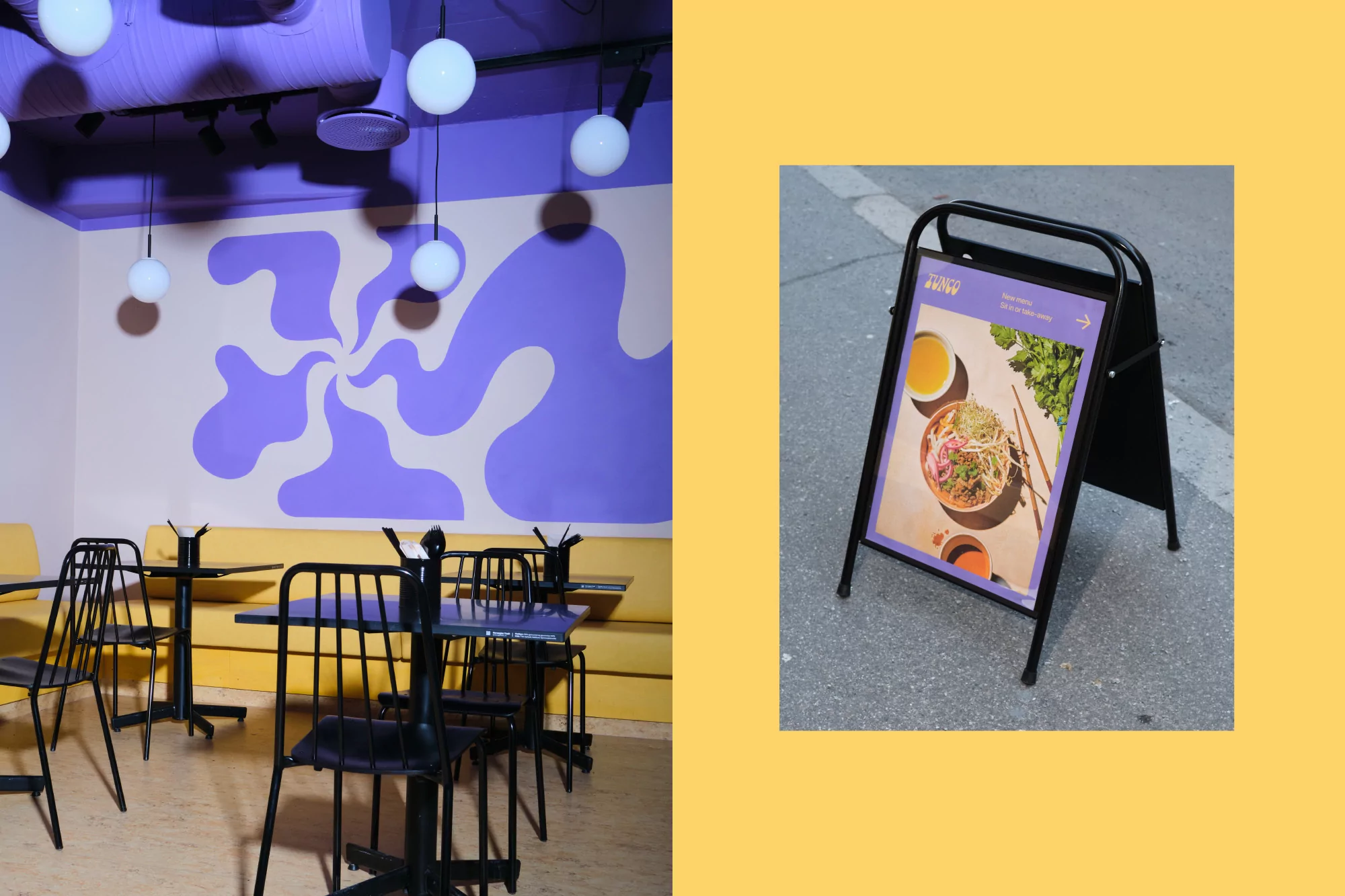 Restaurant interior with tables, chairs, artistic wall, and sidewalk sign displaying a menu item, all in a light and airy setting.