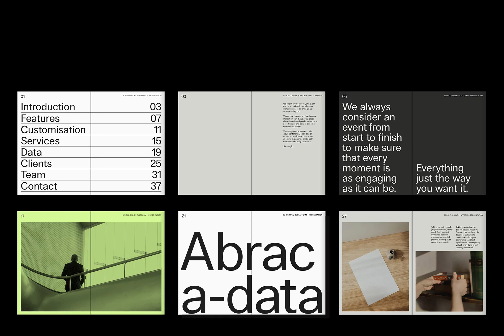 Presentation layout showcases information architecture, team, and project steps with text and a person walking in a green-toned interior.