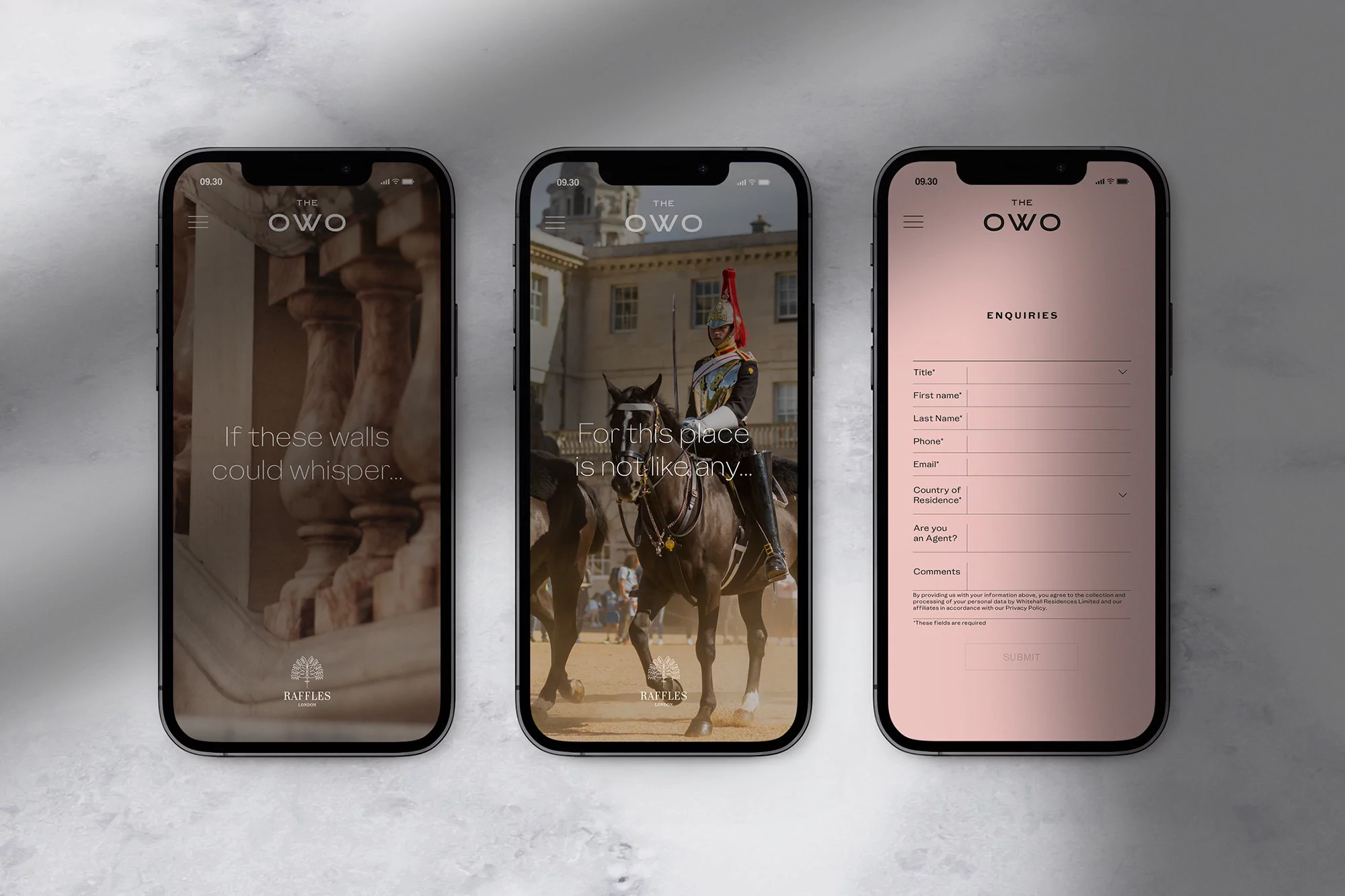 Three smartphones display an advertisement for The OWO featuring architectural details, a horse guard, and an inquiry form.