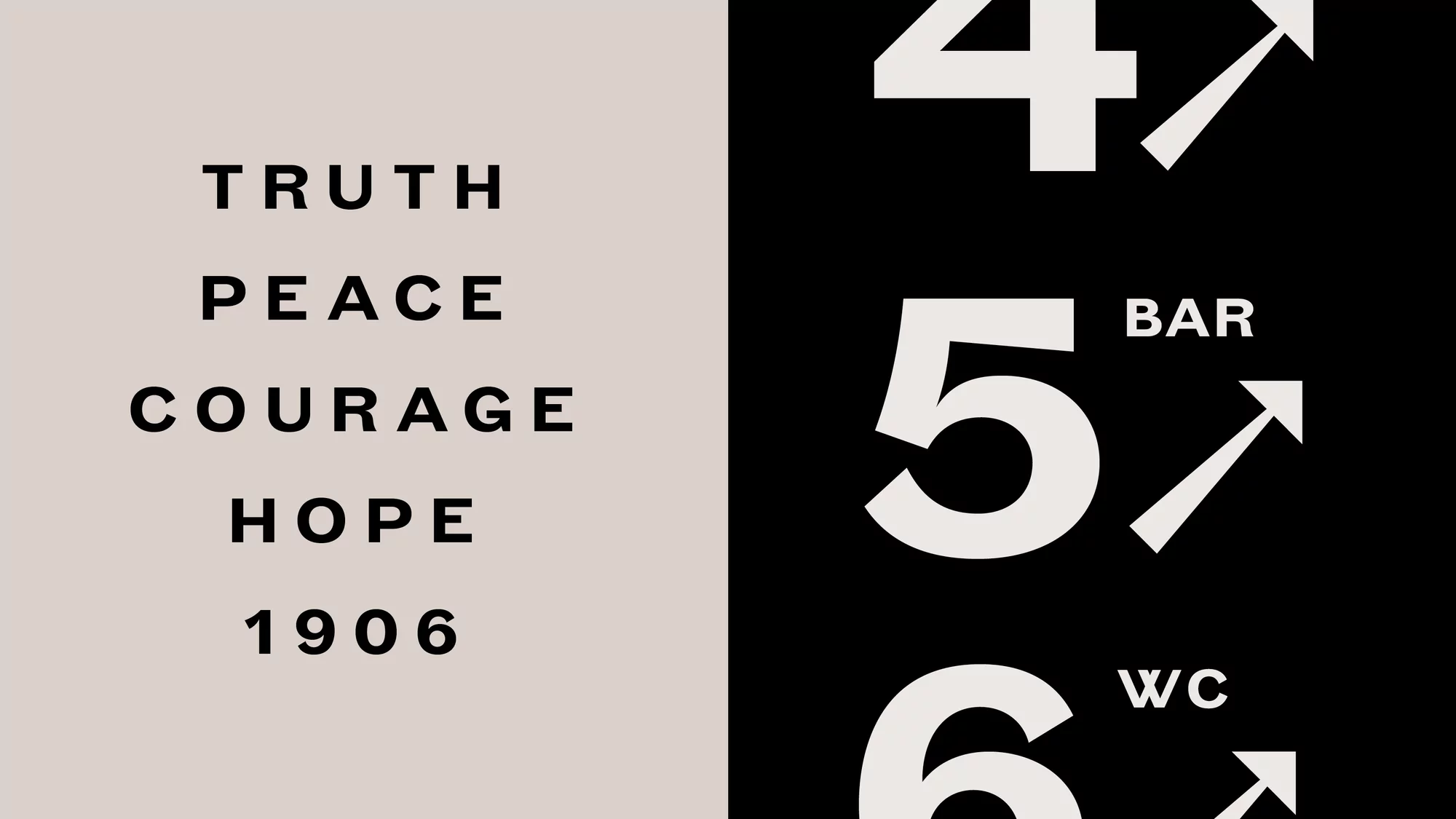 Graphic design featuring the words 'Truth,' 'Peace,' 'Courage,' 'Hope,' and the year '1906' alongside directional signage numbers with arrows.
