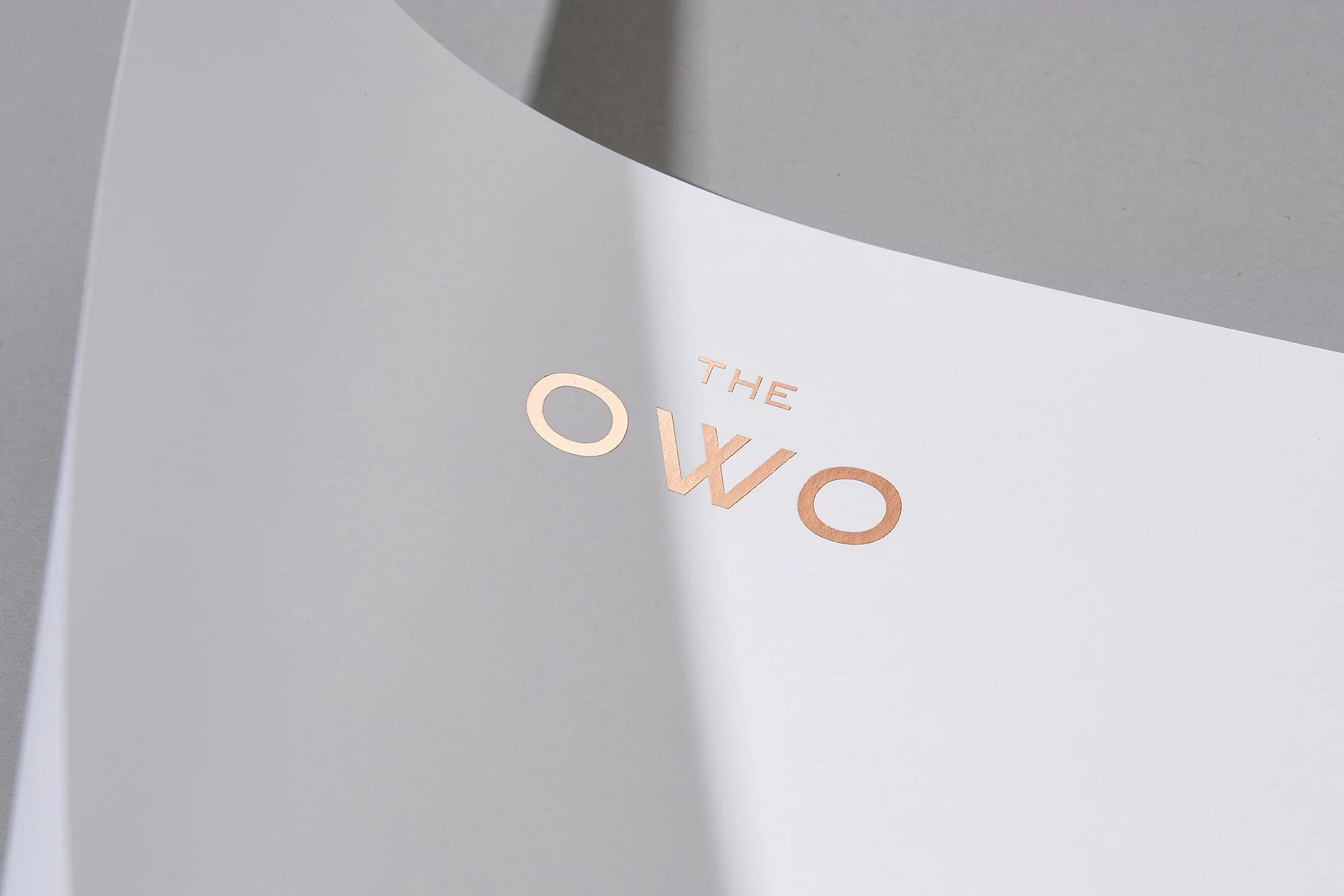 Close-up of 'The OWO' text in rose gold on a white surface, showcasing minimalist design and elegant typography.