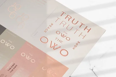 Close-up of brand identity layout with embossed metallic rose gold typography for The OWO on neutral paper samples.