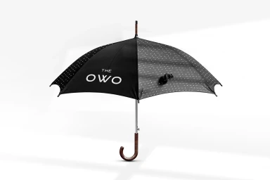 Black branded umbrella featuring white text and a curved wooden handle on a white background