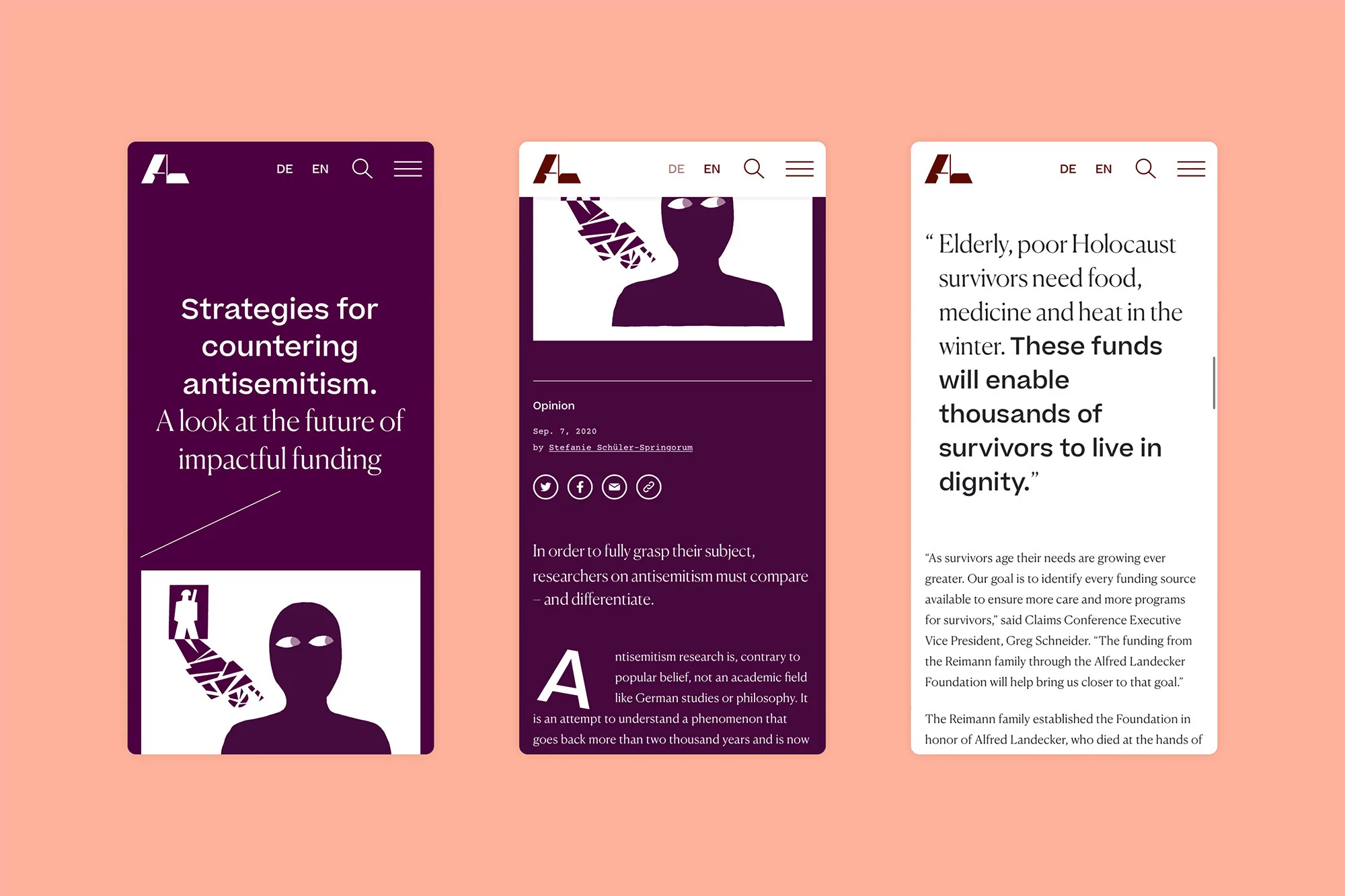 Screenshots of articles about antisemitism and Holocaust survivors with a purple color theme and minimal design aesthetic. Digital content.