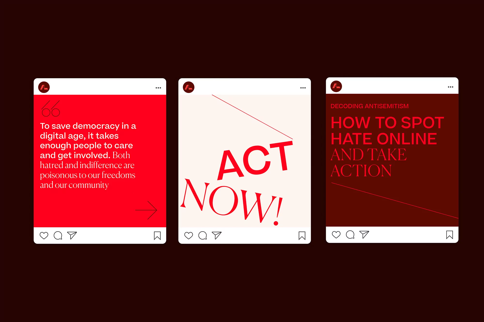Three social media posts with quotes and calls to action related to combating hate and promoting democracy, presented in red and white.
