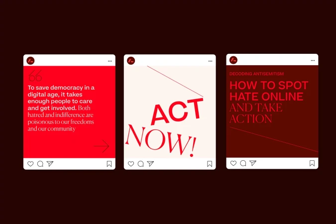 Three social media posts with quotes and calls to action related to combating hate and promoting democracy, presented in red and white.