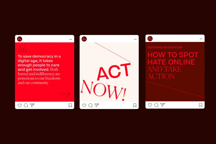 Three social media interface mockups featuring red and white graphic typography with quotes and calls to action against a dark background